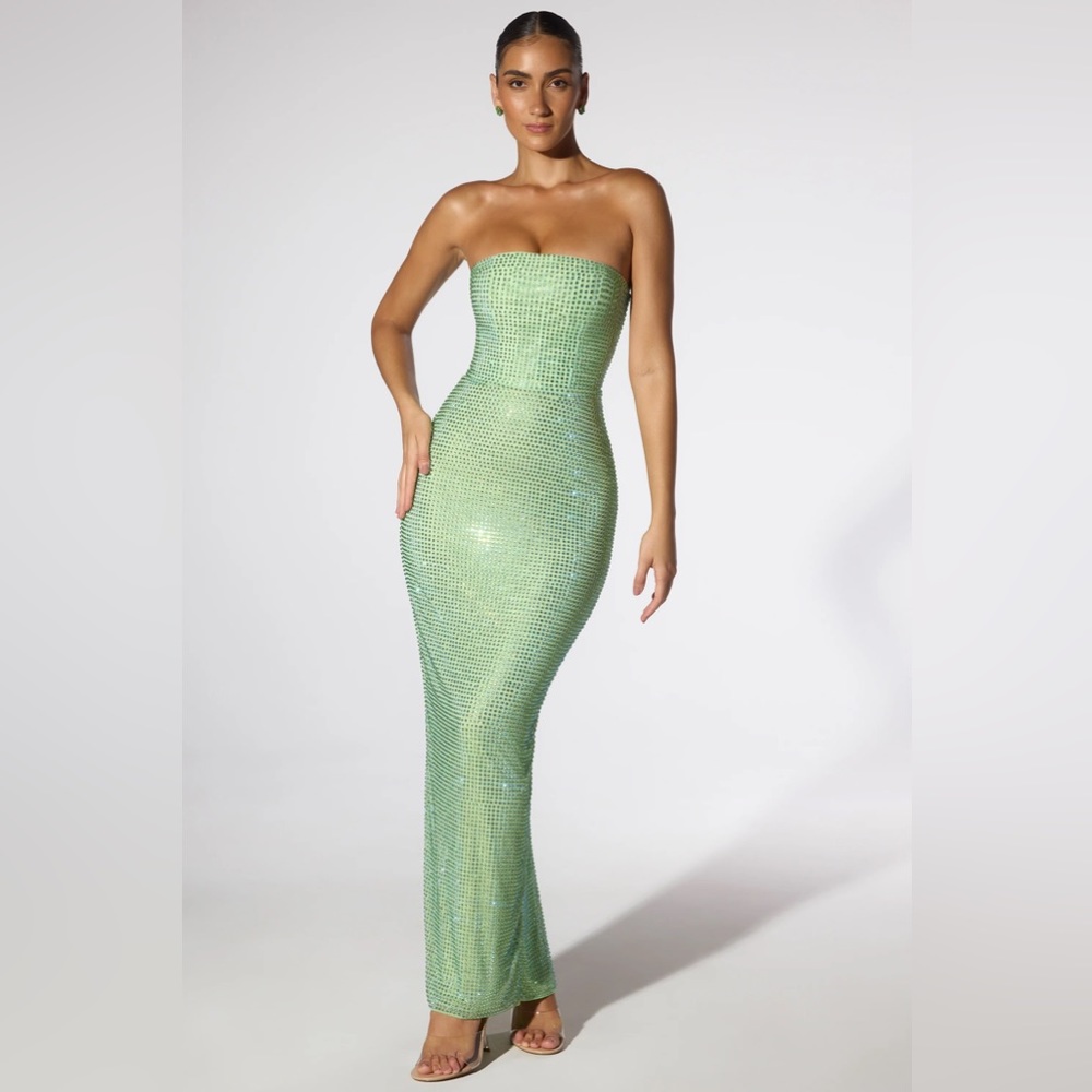 Embellish strapless evening gown in stage green